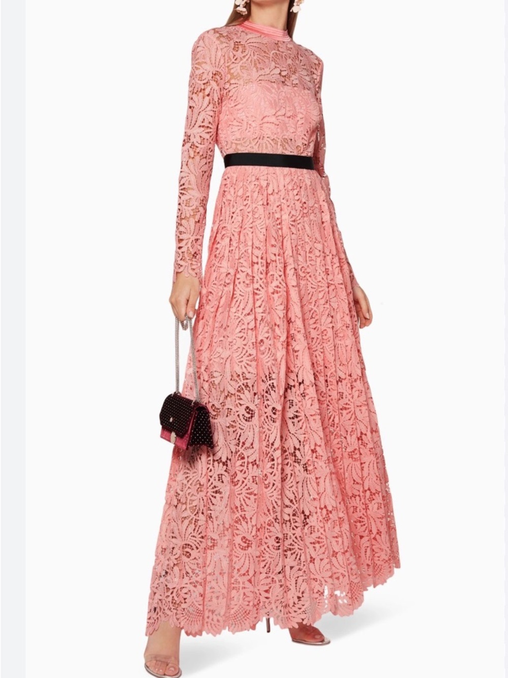 Self portrait Elegant Pink Lace Maxi Dress with Black Waistband